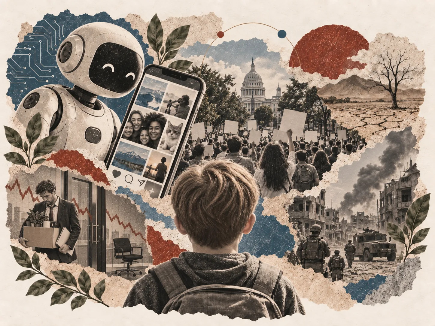 Editorial collage of a child facing AI, social media, environmental change, job-market uncertainty, protests and war.