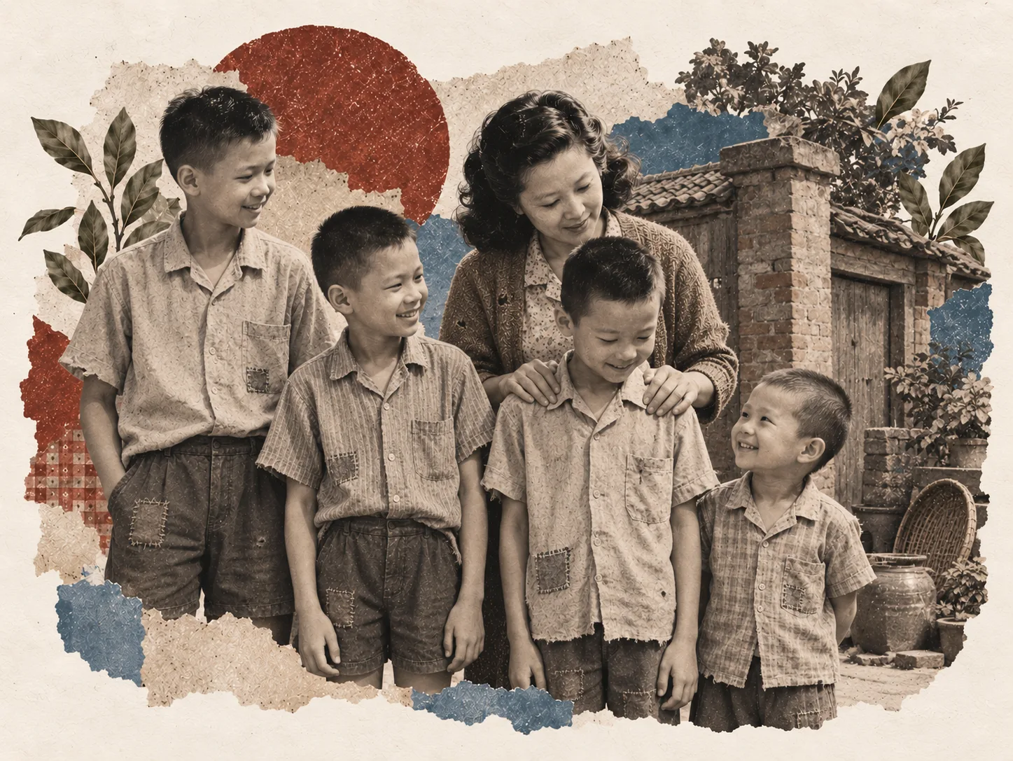 Editorial paper-cut illustration of a mother and her four sons, hands on the third boy’s shoulders.