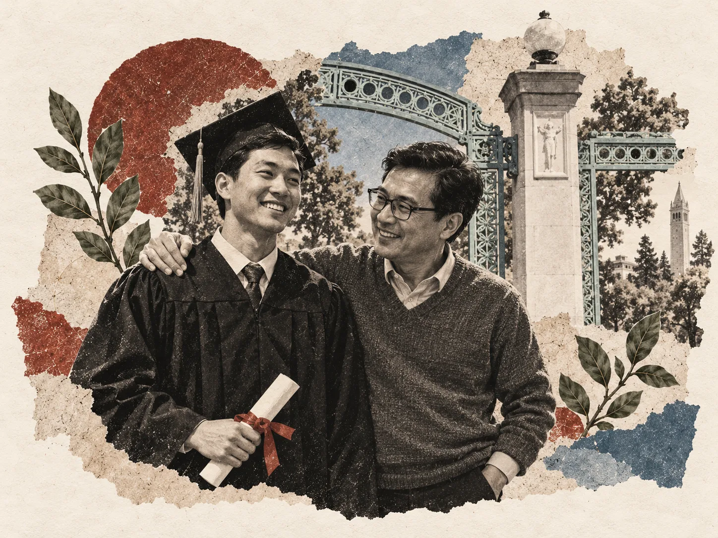 Editorial paper-cut illustration of a father and graduating son, with Berkeley’s Sather Gate behind them.