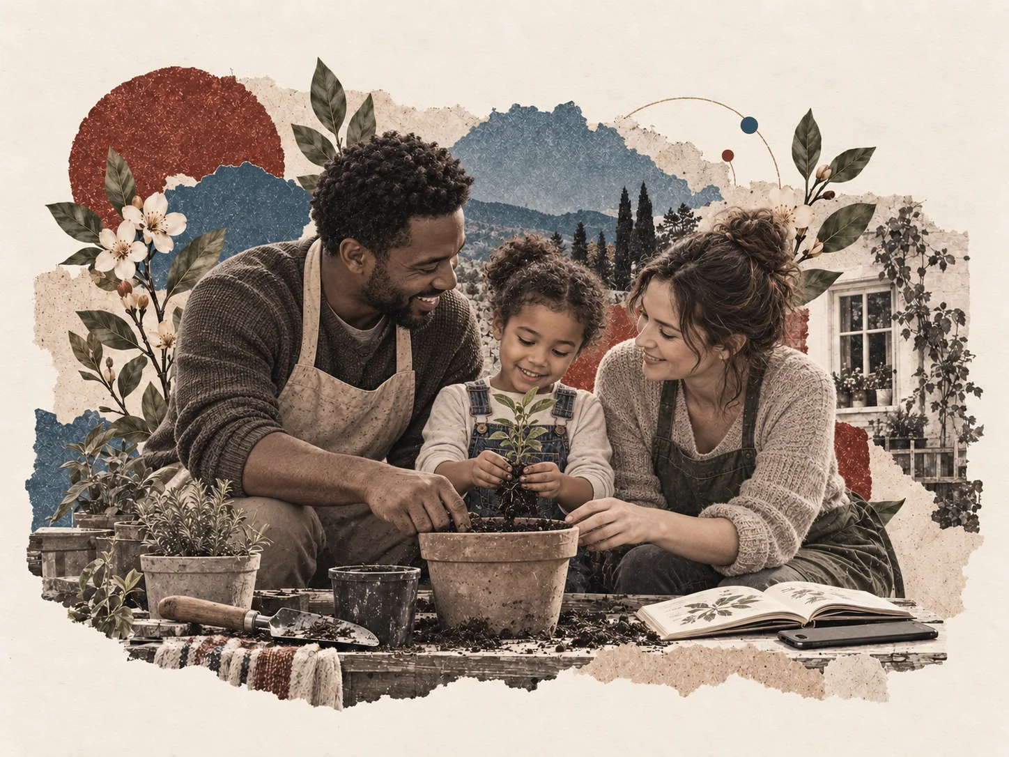 Editorial collage of two parents and their child planting together, sharing attention and learning.