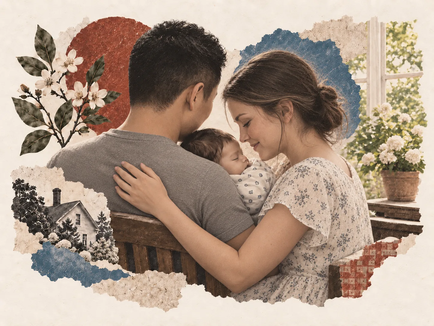 Editorial paper-cut illustration of two new parents holding their sleeping baby, seen from the side and behind.