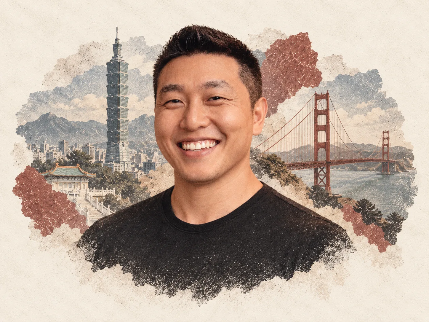 Michael Koh in the selected paper-cut portrait with Taiwan and San Francisco background elements.