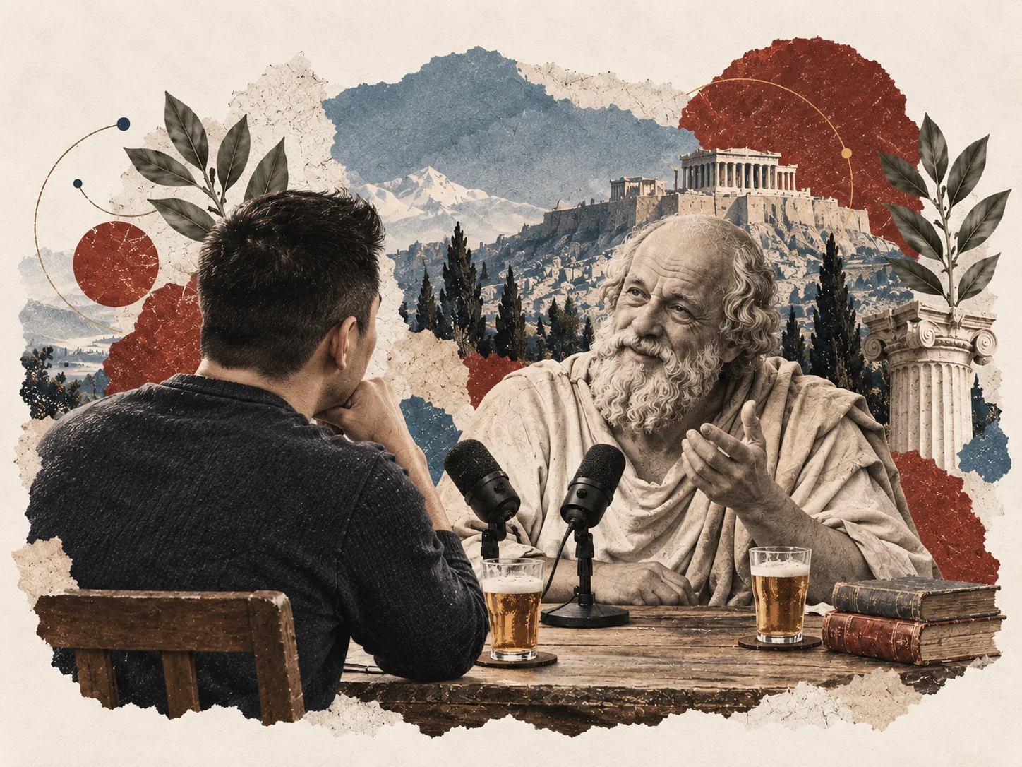 An imagined editorial scene: Michael, seen from behind, interviewing Socrates over a beer.